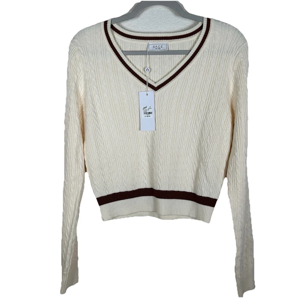 Sage the Label Womens Sz L Avanti v-neck sweater cropped fitted Preppy Academia